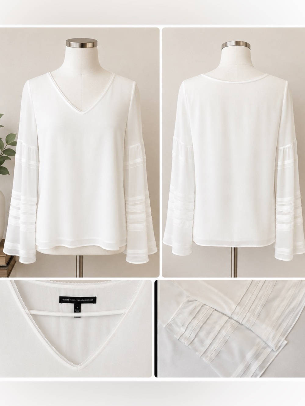 White House Black Market Cream Long-Sleeve V-Neck Bell Sleeve Blouse 4 - Picture 2 of 7